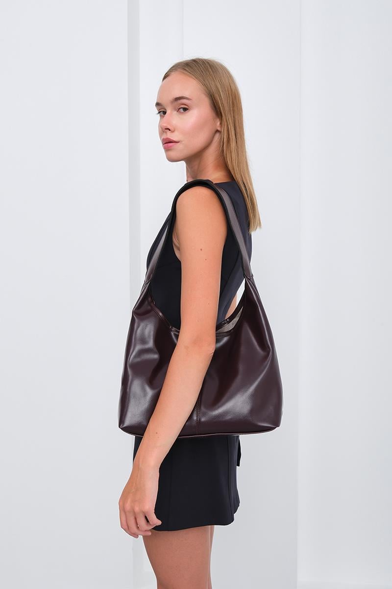 Vintage Deri Omuz Çantası Mürdüm