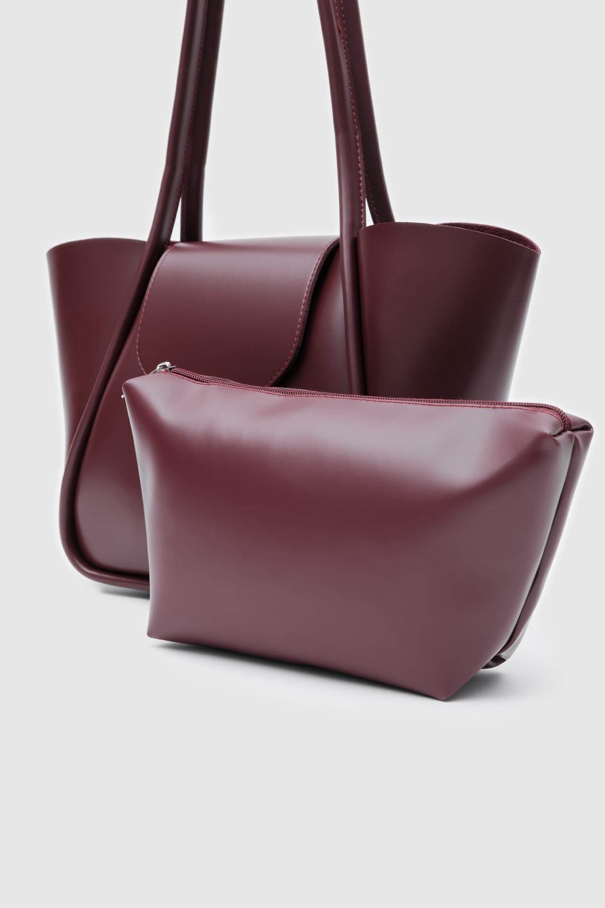 Makyaj Çantalı Omuz Çantası Bordo - Görsel 5