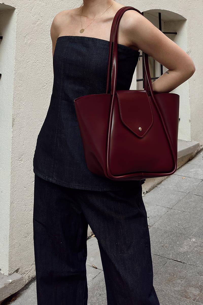 Makyaj Çantalı Omuz Çantası Bordo - Görsel 3