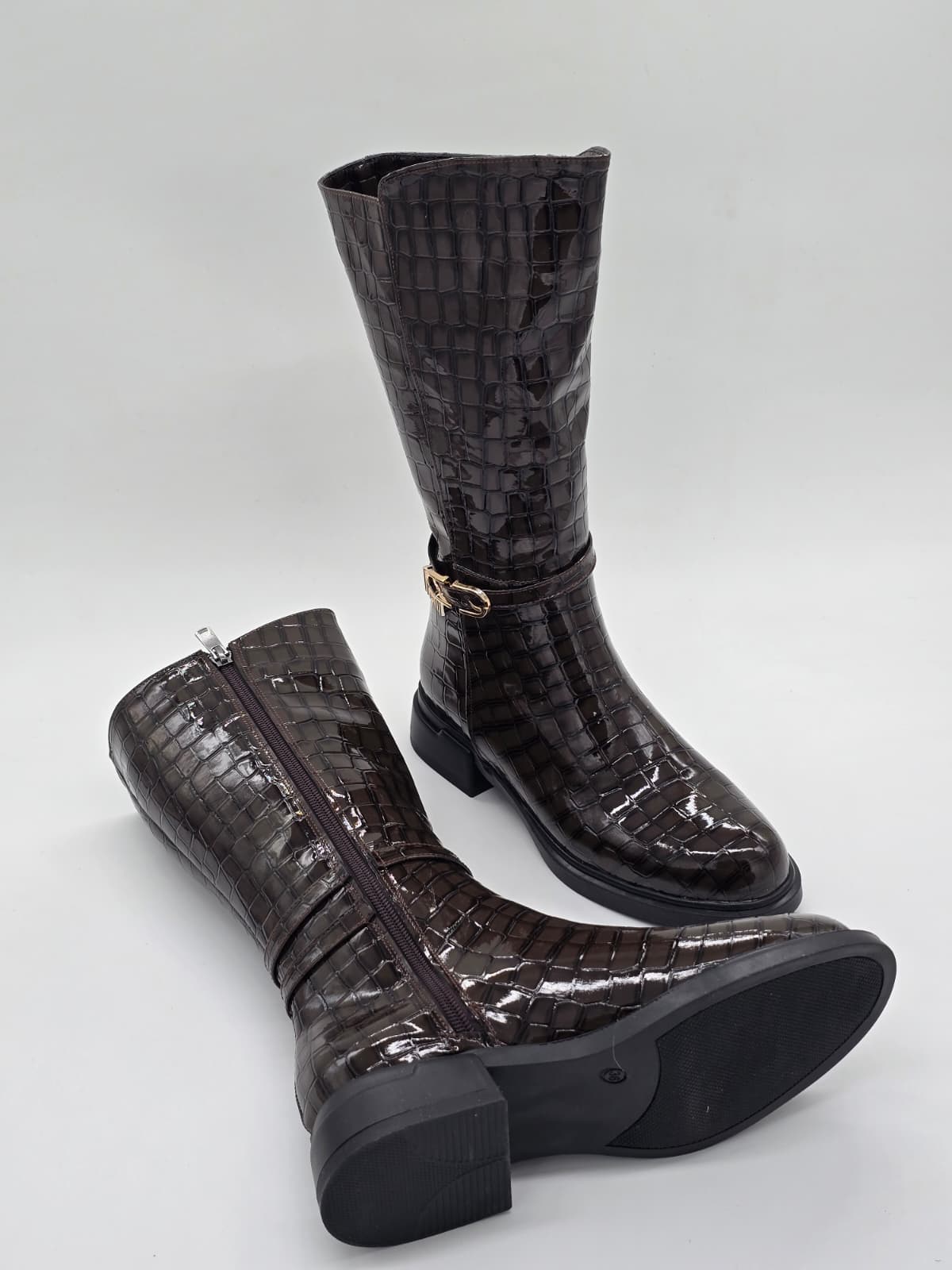 Croco Parlak Kemer Detaylı Diz Altı Çizme - Görsel 5