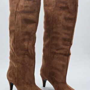 Süet İnce Topuk Diz Altı Çizme Taba