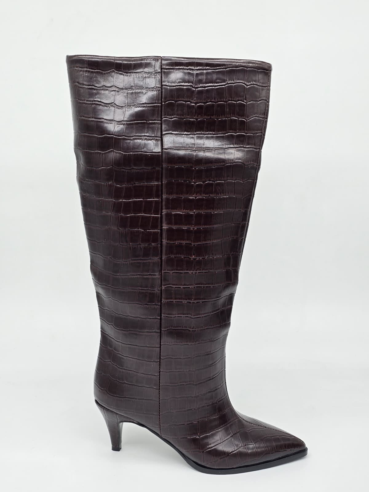 Krokodil Desen İnce Topuk Diz Altı Çizme Kahverengi - Görsel 3