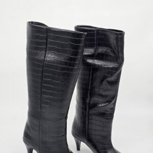 Krokodil Desen İnce Topuk Diz Altı Çizme Siyah